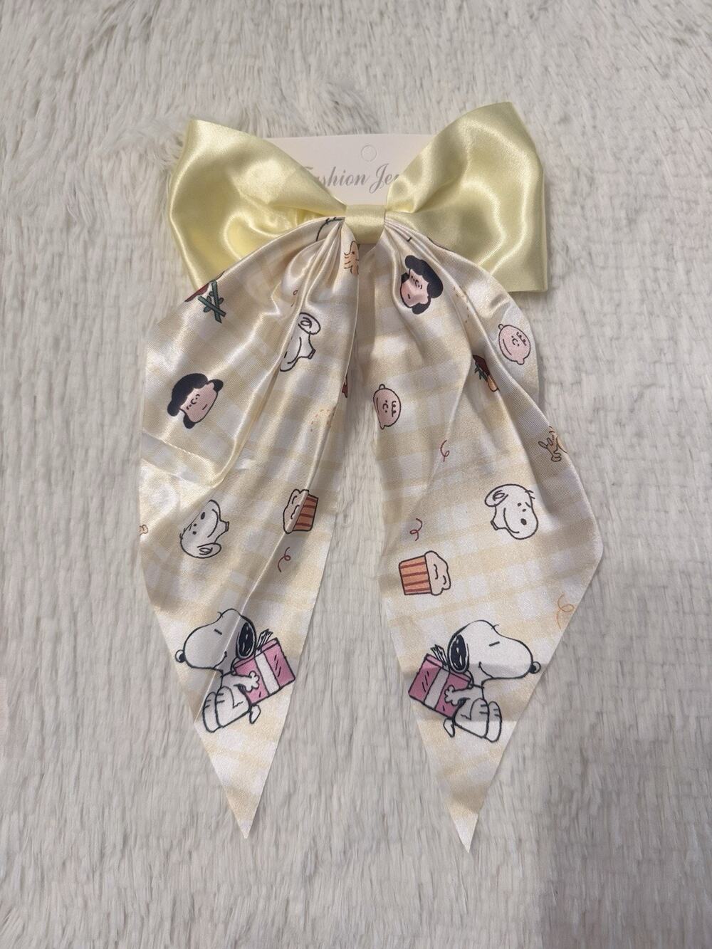 Snoopy Long Ribbon Tail Hairpins Bowknot Ponytail Bow Hair Clip Plaid Yellow